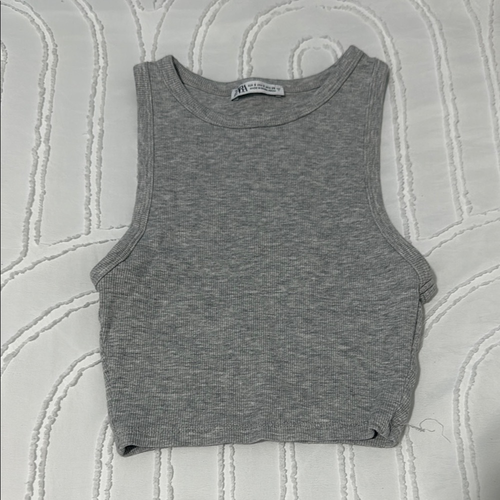 ZARA Ribbed Gray Knit Crop Tank Top – Size S